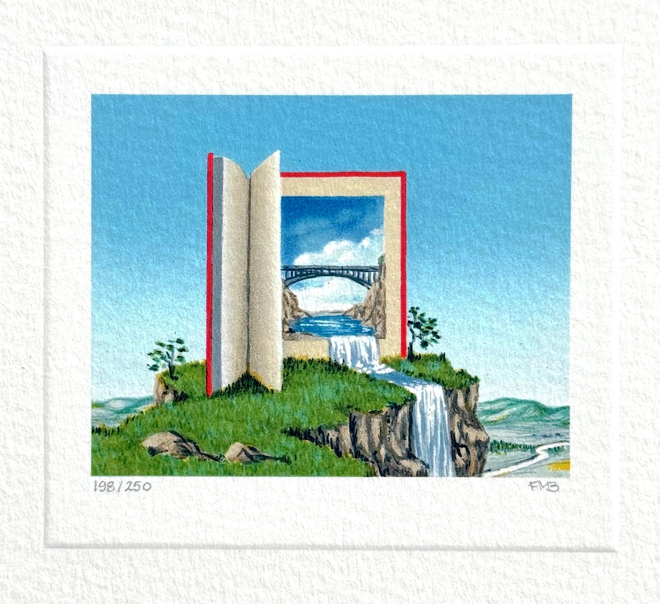 Fanny Brennan Landscape Print - CASCADE Signed Mini Lithograph, Surreal Landscape, Red Book, Waterfall, Blue Sky