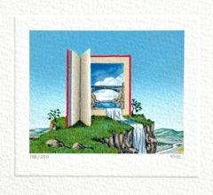 CASCADE Signierte Mini-Lithographie, Surreale Landschaft, Rotes Buch, Wasserfall, Blauer Himmel