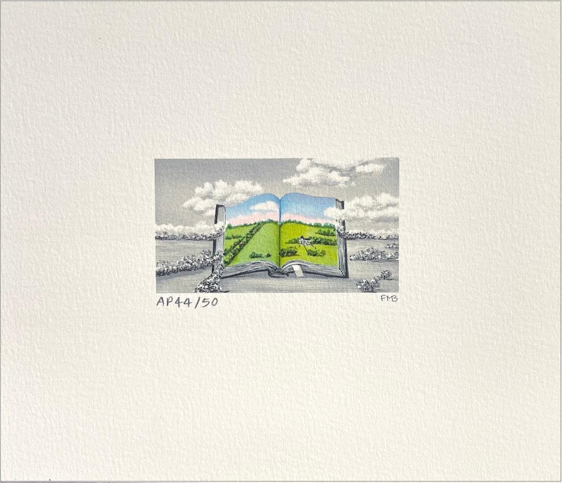 CHATEAU Signed Mini Lithograph, French Countryside, Open Book, Surreal Landscape - Print by Fanny Brennan