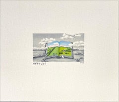 Mini litografia firmata CHATEAU, campagna francese, libro aperto, paesaggio surreale