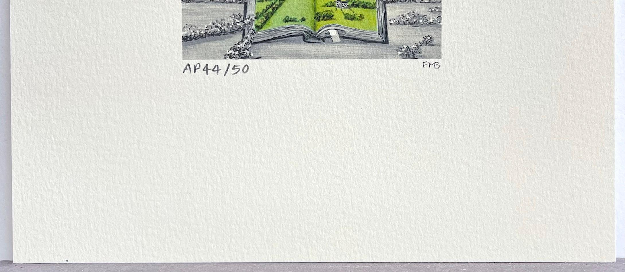 Mini litografia firmata CHATEAU, campagna francese, libro aperto, paesaggio surreale in vendita 1
