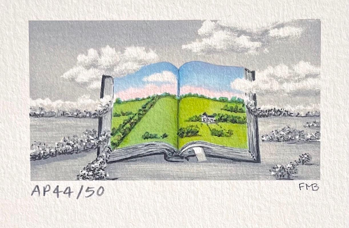 Mini lithographie signée CHATEAU, campagne française, livre ouvert, paysage surréaliste
