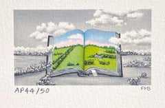 CHATEAU Signed Mini Lithograph, French Countryside, Open Book, Surreal Landscape