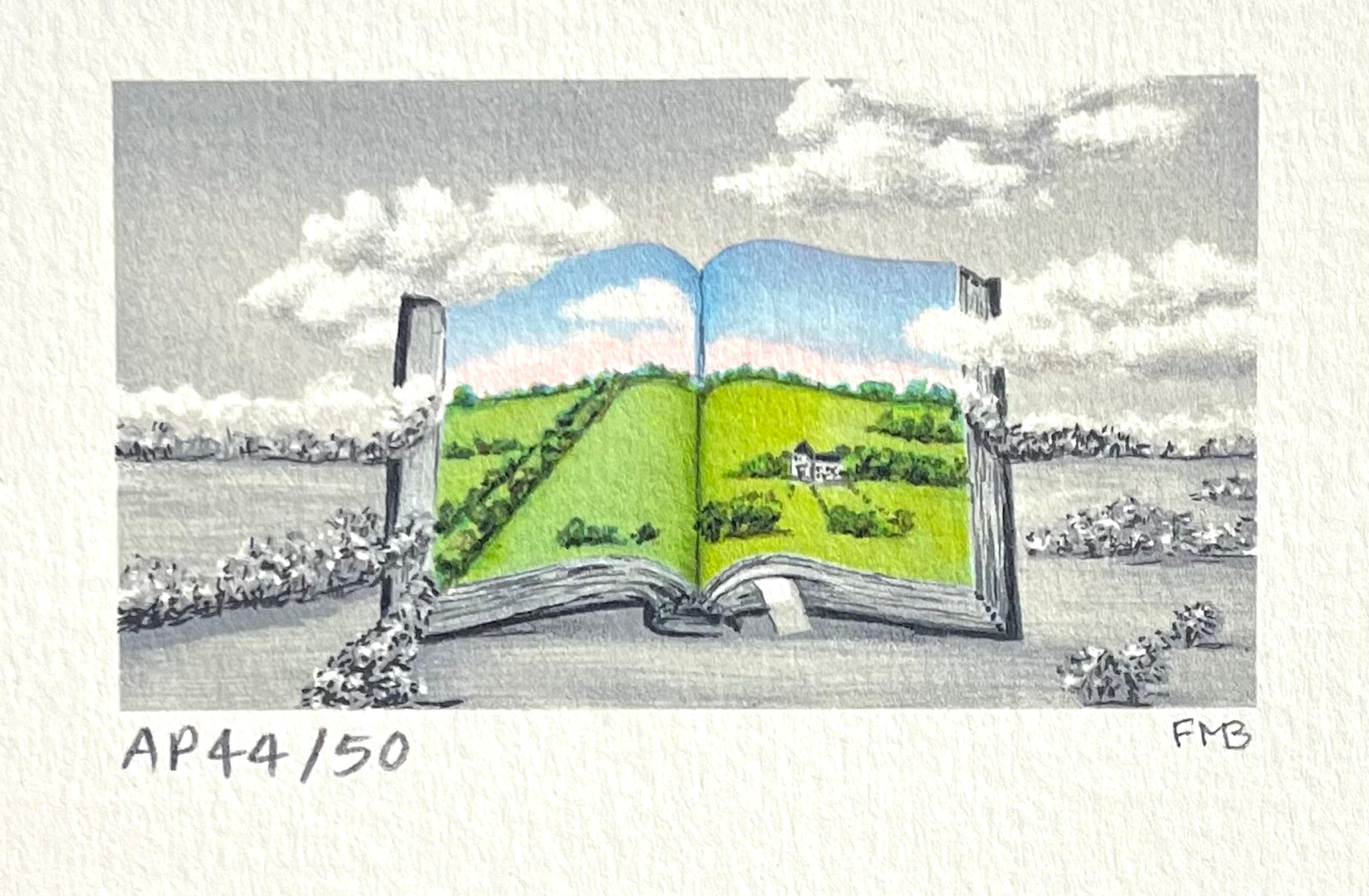 CHATEAU Signed Mini Lithograph, French Countryside, Open Book, Surreal Landscape