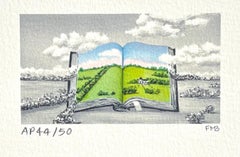 surreale in francese Mini litografia firmata CHATEAU, campagna francese, libro aperto, paesaggio surreale