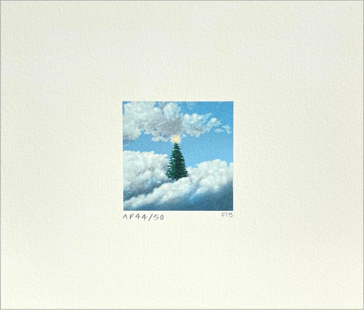 CHRISTMAS TREE Signed Mini Lithograph, Evergreen, Shining Star, Clouds, Blue Sky - Print by Fanny Brennan