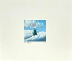 CHRISTMAS TREE Signed Mini Lithograph, Evergreen, Shining Star, Clouds, Blue Sky
