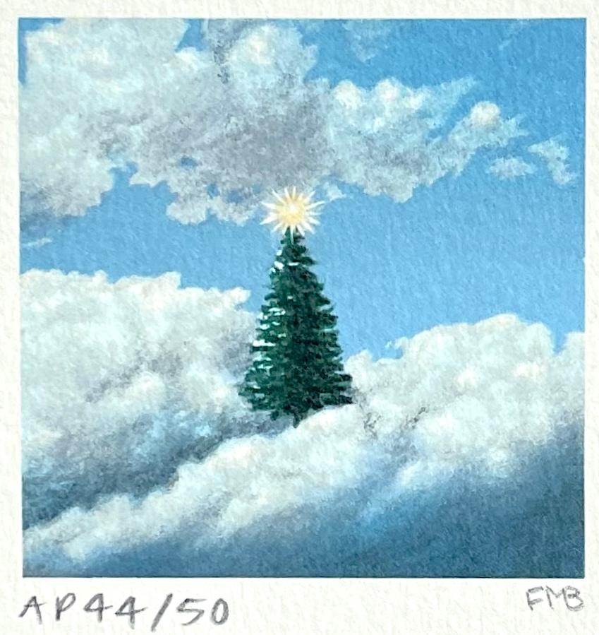 Mini litografia firmata CHRISTMAS TREE, sempreverde, stella splendente, nuvole, cielo blu - Print Surrealismo di Fanny Brennan