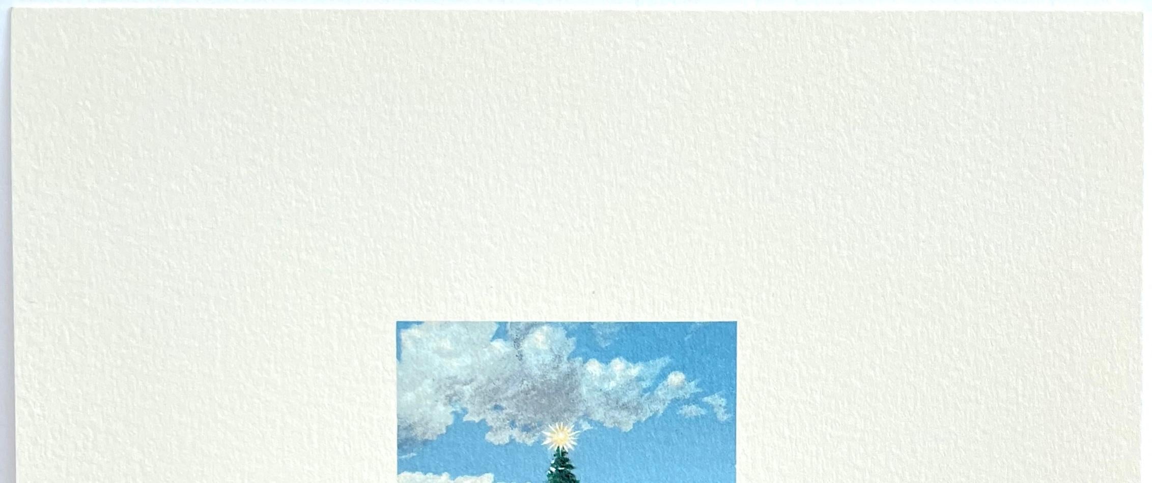 Mini litografia firmata CHRISTMAS TREE, sempreverde, stella splendente, nuvole, cielo blu - Landscape Print Blu di Fanny Brennan