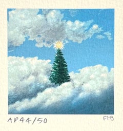 Vintage CHRISTMAS TREE Signed Mini Lithograph, Evergreen, Shining Star, Clouds, Blue Sky