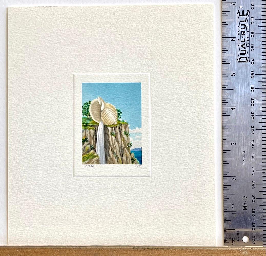 CLIFF-HANGER Signed Mini Lithograph, Surreal Landscape Seashell, Waterfall Ledge - Print by Fanny Brennan