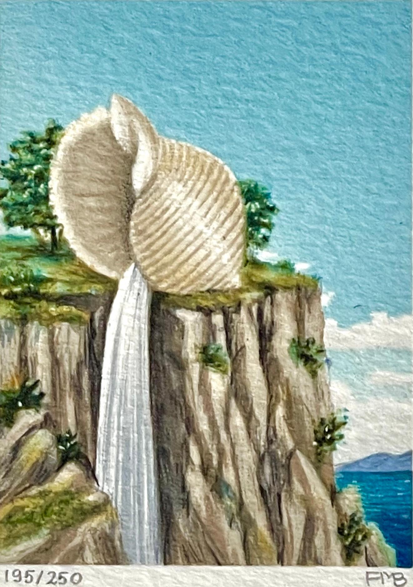 CLIFF-HANGER Mini litografia firmata, Paesaggio surreale conchiglia, ciglio della cascata - Print Surrealismo di Fanny Brennan