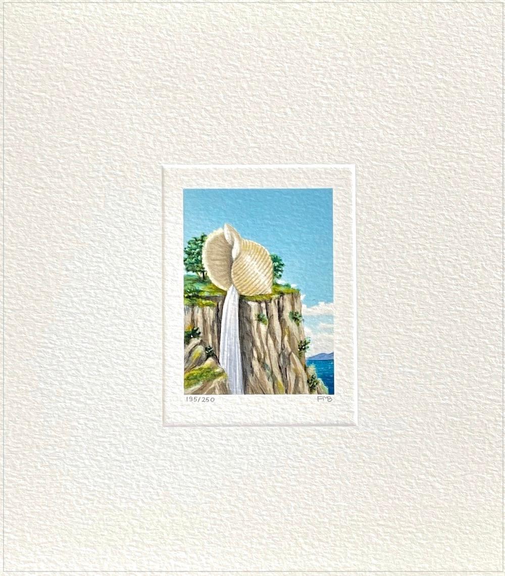 CLIFF-HANGER is a hand drawn limited edition lithograph by the American surrealist artist Fanny Brennan, created using traditional hand lithography techniques printed on archival Arches paper, 100% acid-free. CLIFF-HANGER is an imaginative, surreal