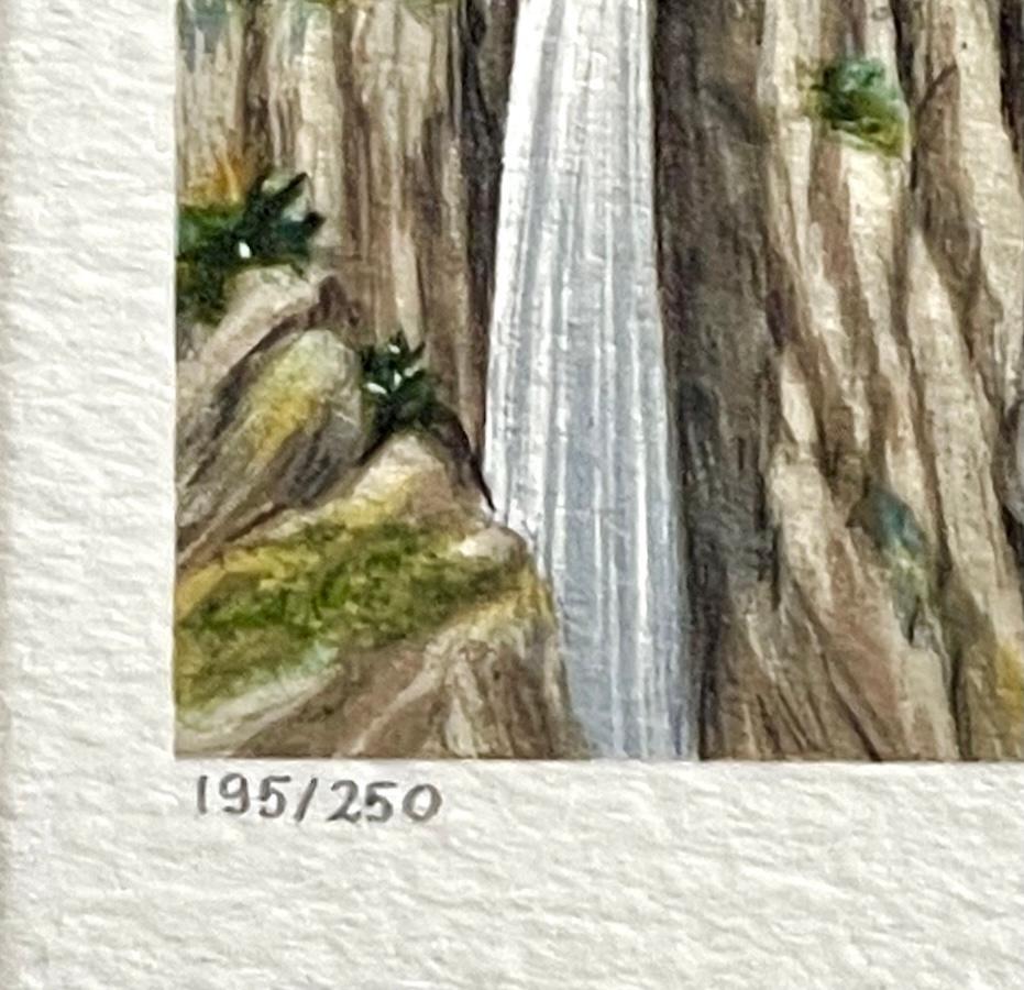 CLIFF-HANGER Mini litografia firmata, Paesaggio surreale conchiglia, ciglio della cascata - Landscape Print Grigio di Fanny Brennan