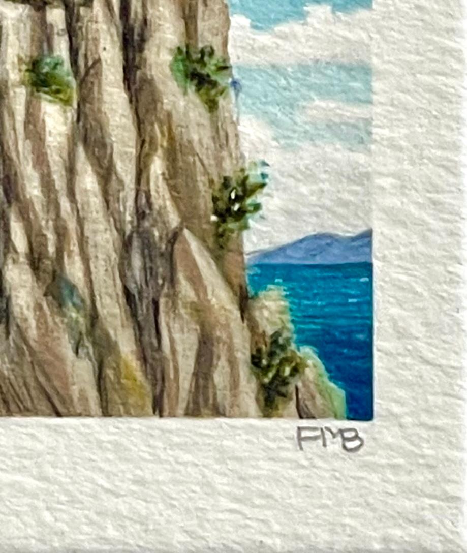 CLIFF-HANGER è una litografia disegnata a mano in edizione limitata dall'artista surrealista americana Fanny Brennan, realizzata con tecniche tradizionali di litografia a mano e stampata su carta d'archivio Artistics, 100% priva di acidi.