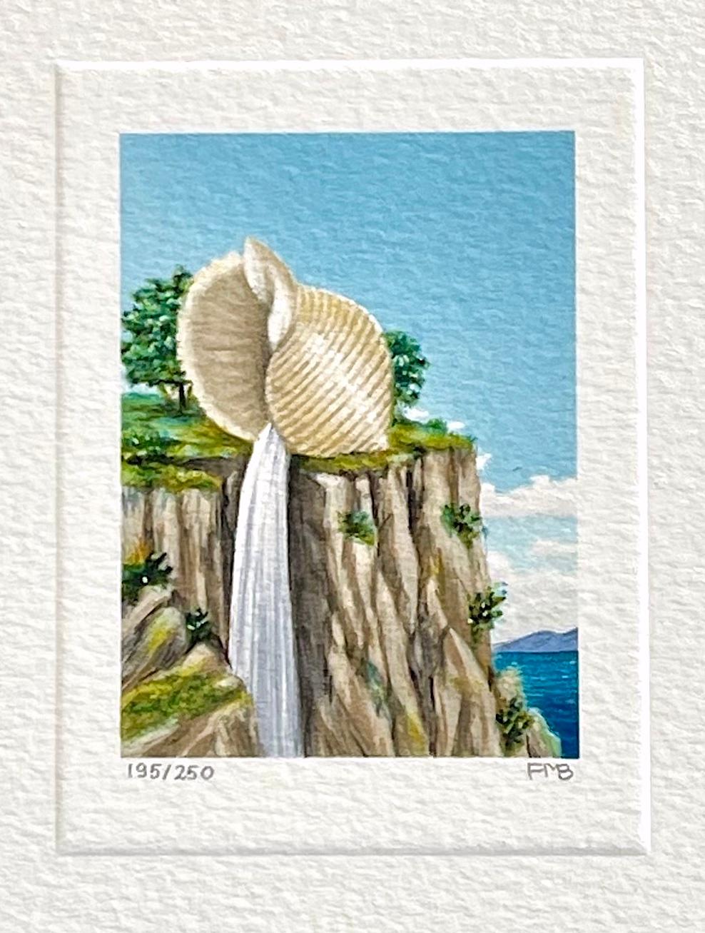 CLIFF-HANGER Signierte Mini-Lithographie, Surreale Landschaftslandschaft mit Muschelschale, Wasserfall Ledge