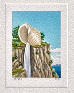 CLIFF-HANGER Signed Mini Lithograph, Surreal Landscape Seashell, Waterfall Ledge