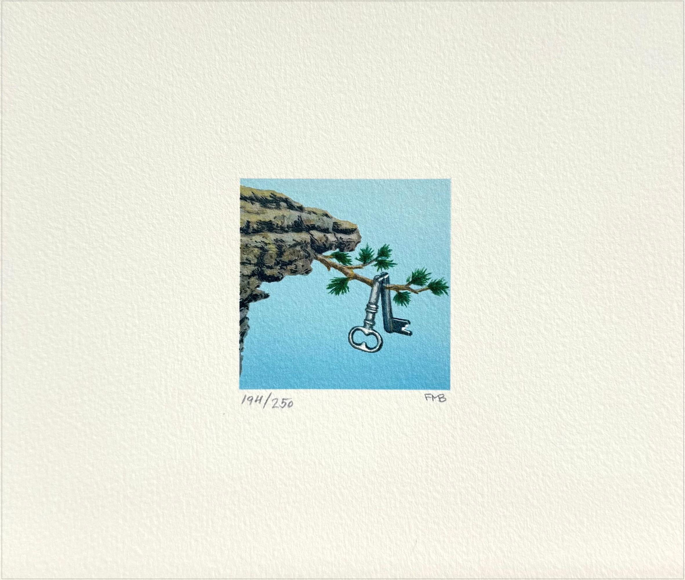 CLOSE CALL Signed Lithograph, Surreal Mini Landscape, Cliff, Antique Key - Print by Fanny Brennan
