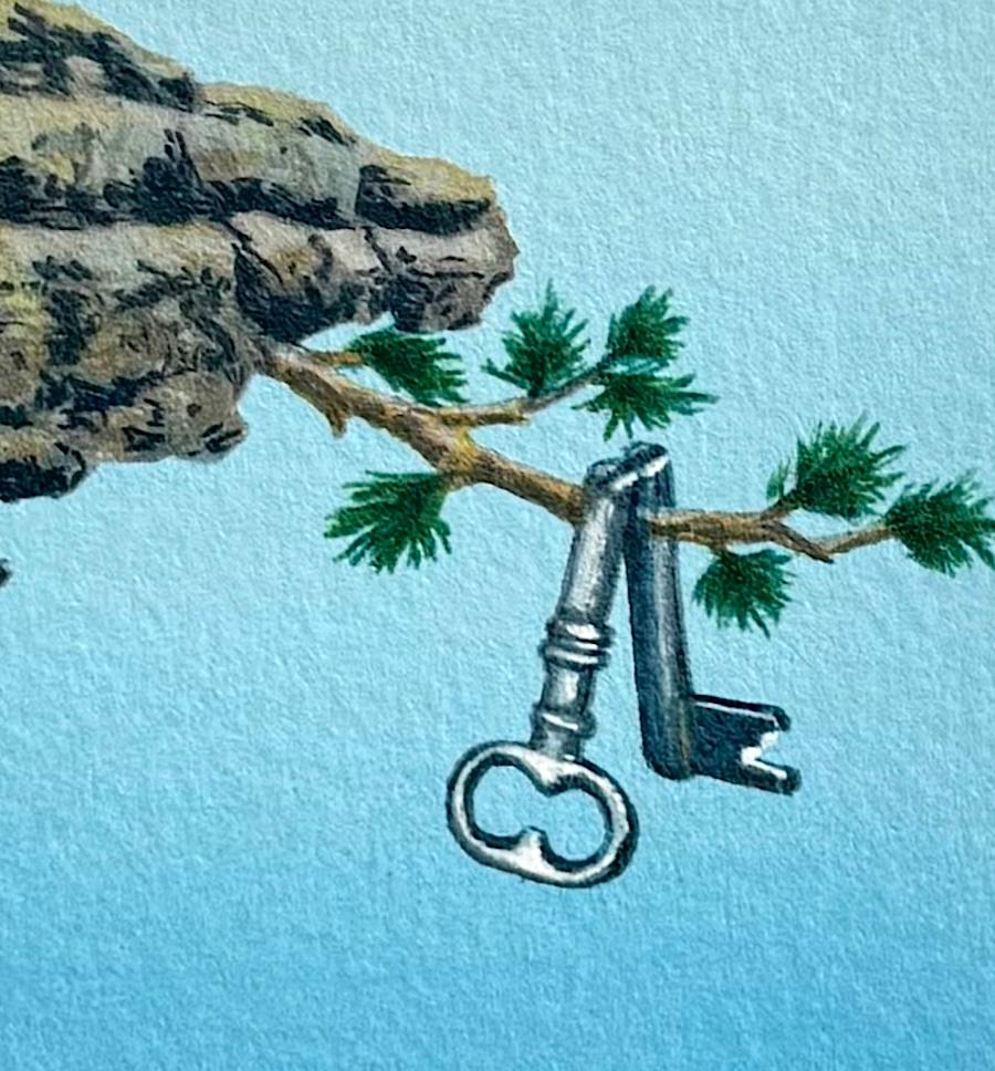 CLOSE CALL Signed Lithograph, Surreal Mini Landscape, Cliff, Antique Key - Surrealist Print by Fanny Brennan