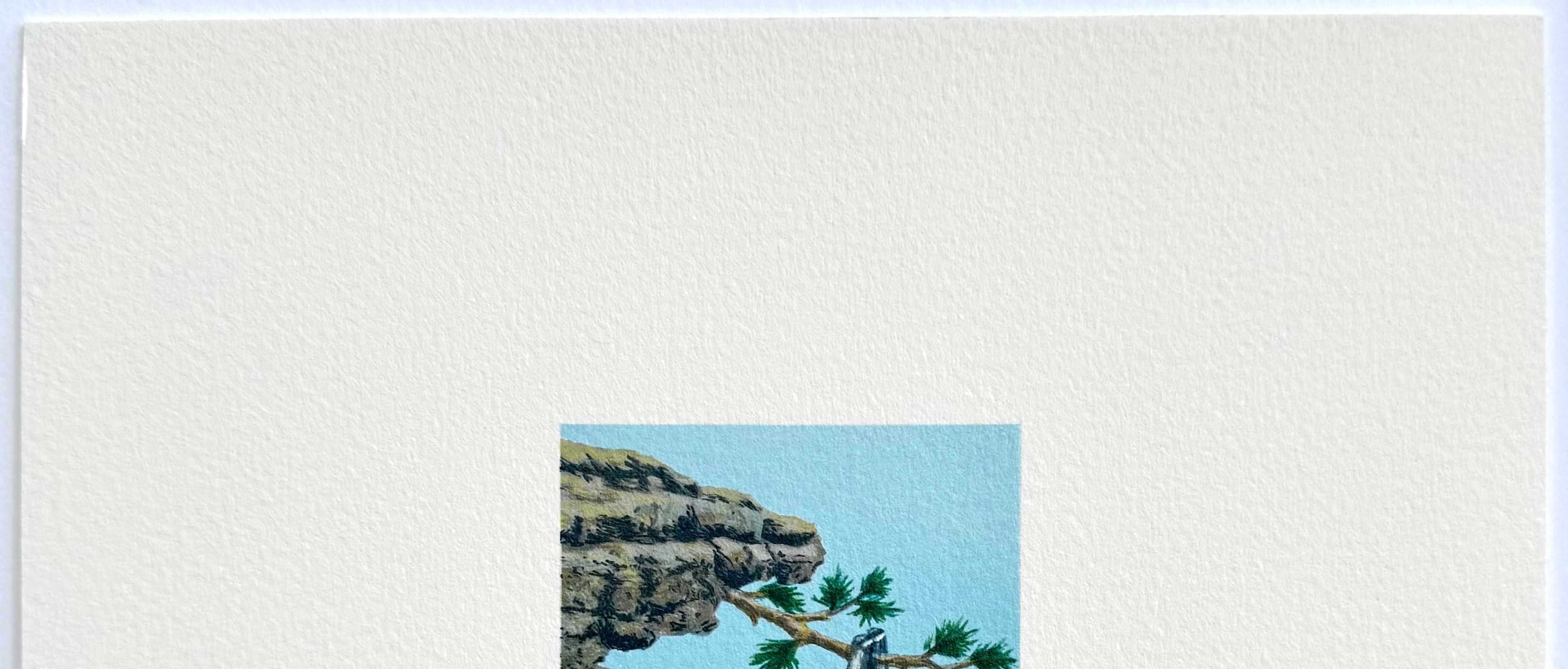 CLOSE CALL Signed Lithograph, Surreal Mini Landscape, Cliff, Antique Key - Blue Landscape Print by Fanny Brennan