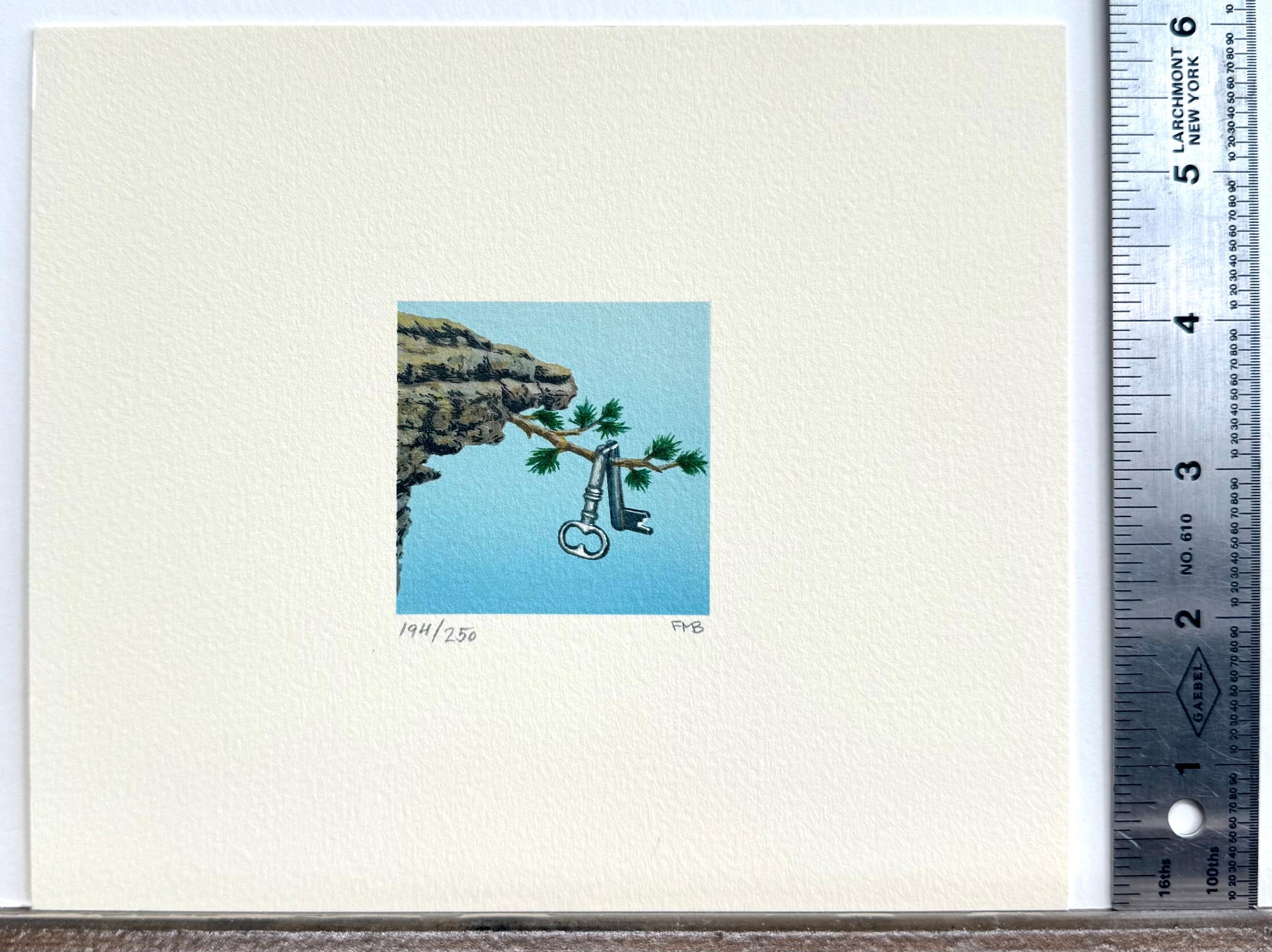 CLOSE CALL Signed Lithograph, Surreal Mini Landscape, Cliff, Antique Key For Sale 1