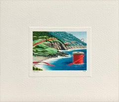 COASTAL ROAD Signed Mini Lithograph, Surreal Coastal Landscape, Spool of Thread