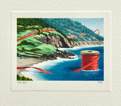 COASTAL ROAD Signed Mini Lithograph, Surreal Coastal Landscape, Spool of Thread