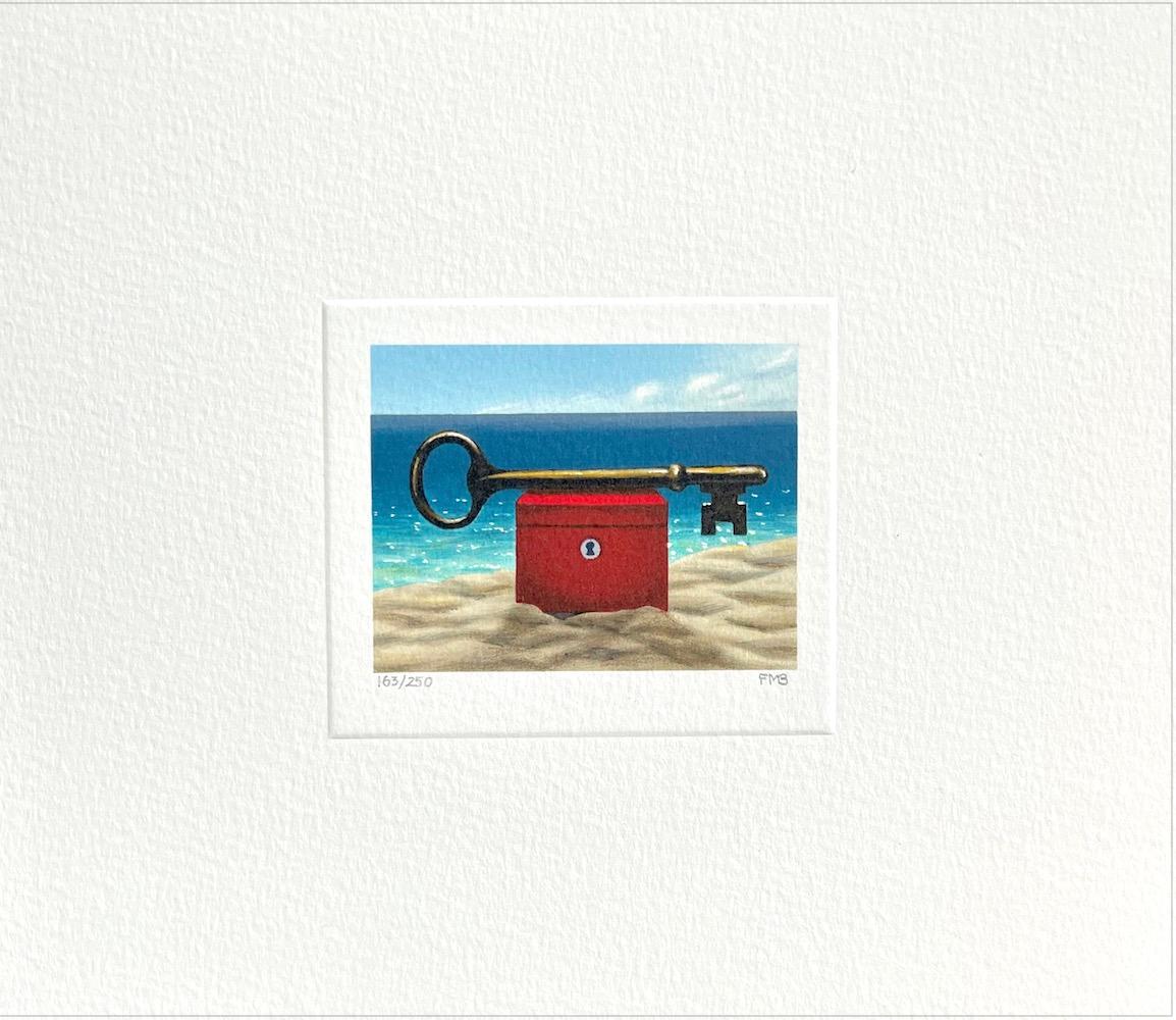 DAYTIME KEY Signed Lithograph, Mini Beachscape, Red Box, Sand, Sea, Blue Sky  - Print by Fanny Brennan