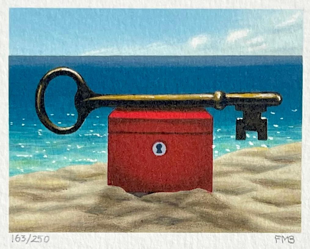 DAYTIME KEY Litografia firmata, Mini Beachscape, Scatola rossa, sabbia, mare, cielo blu - Print Surrealismo di Fanny Brennan