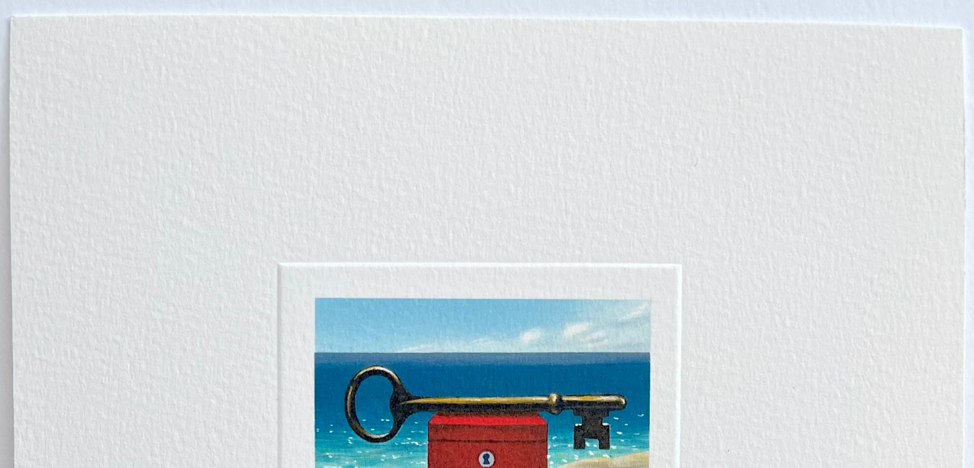 DAYTIME KEY Litografia firmata, Mini Beachscape, Scatola rossa, sabbia, mare, cielo blu - Still-Life Print Grigio di Fanny Brennan
