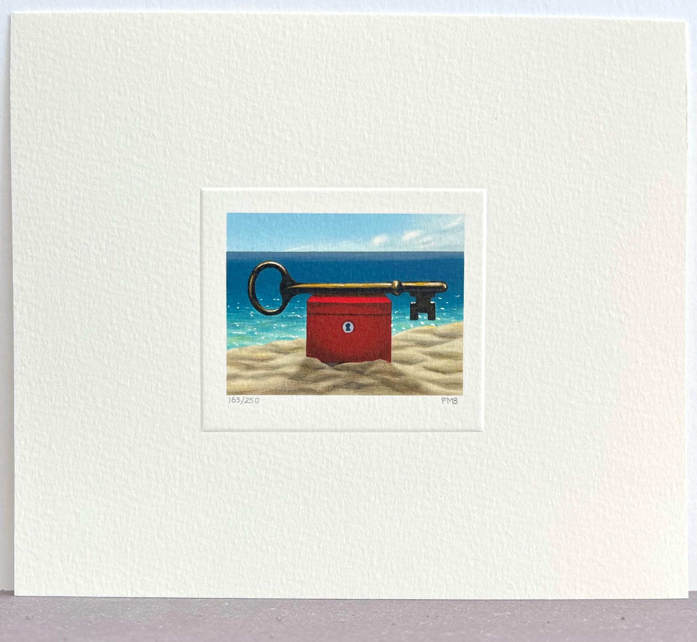 Lithographie signée DAYTIME KEY, Mini Beachscape, boîte rouge, sable, mer, ciel bleu en vente 4