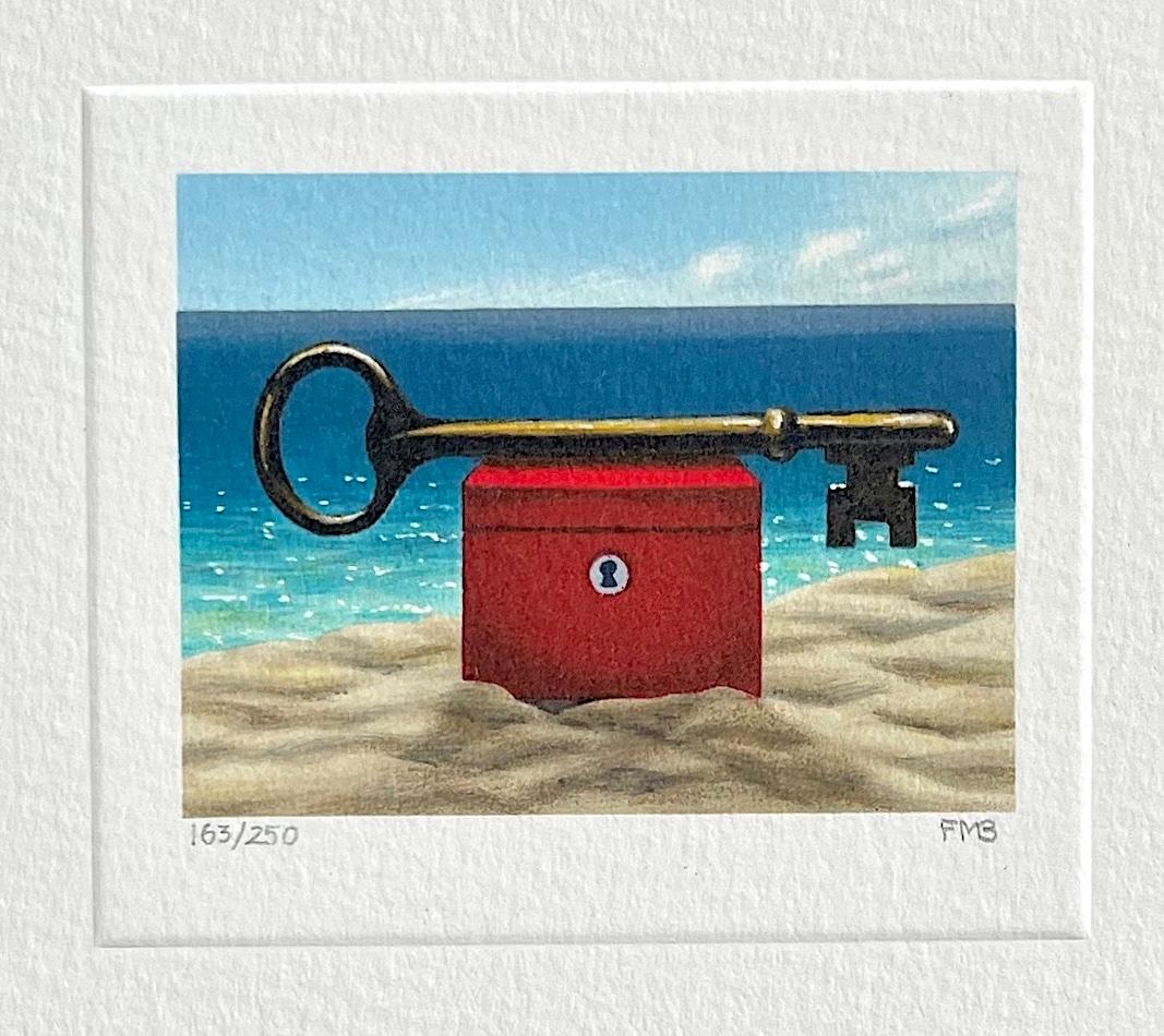 Fanny Brennan Still-Life Print - DAYTIME KEY Signed Lithograph, Mini Beachscape, Red Box, Sand, Sea, Blue Sky 