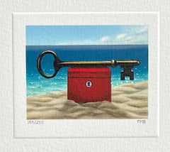 Lithographie signée DAYTIME KEY, Mini Beachscape, boîte rouge, sable, mer, ciel bleu 