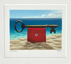 DAYTIME KEY Litografía firmada, Mini paisaje playero, caja roja, arena, mar, cielo azul