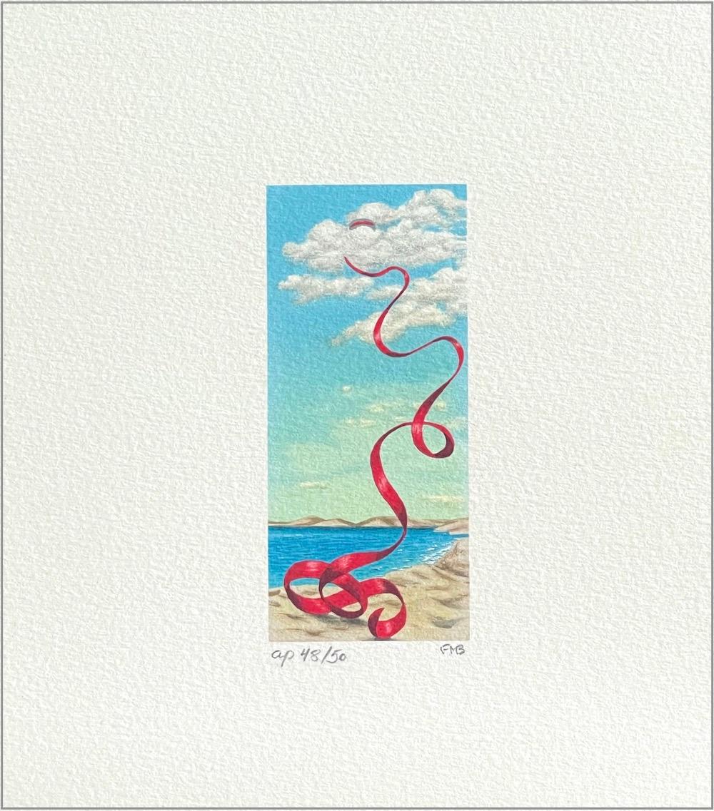 FALLING RIBBON, signierte Mini-Lithographie, rotes Satin, surreale Strandszene – Print von Fanny Brennan