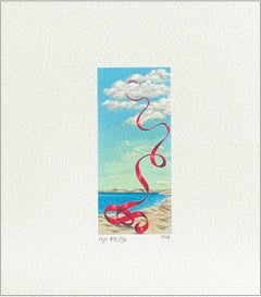 FALLING RIBBON Signed Mini Lithograph, Red Satin, Surreal Beach Scene