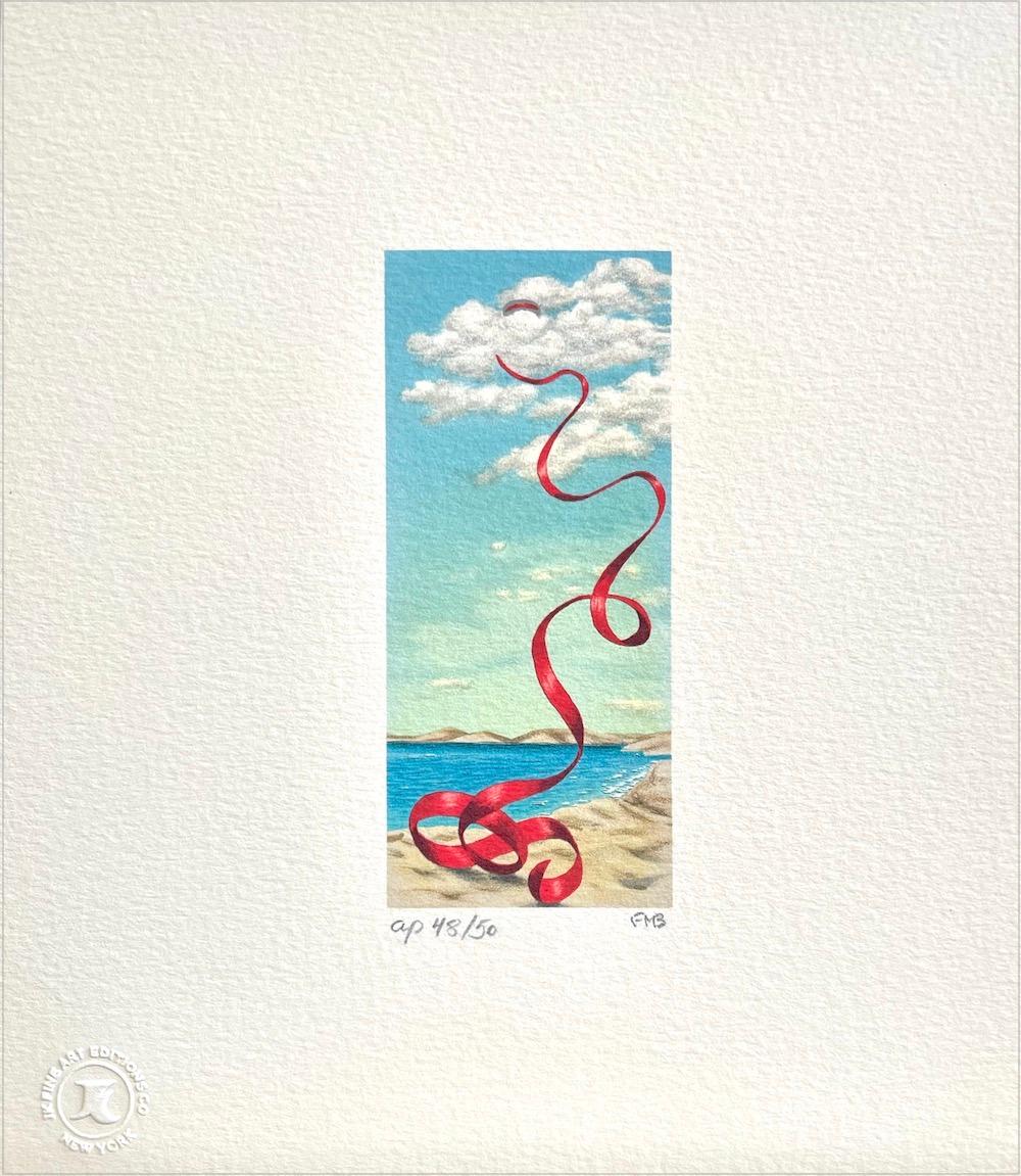 Mini litografia firmata FALLING RIBBON, raso rosso, scena surreale sulla spiaggia - Print di Fanny Brennan