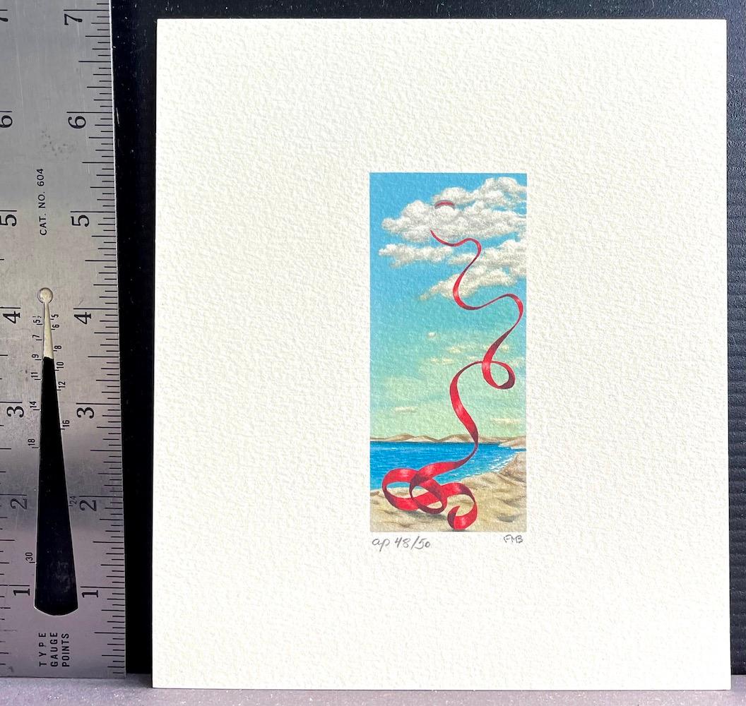 FALLING RIBBON, signierte Mini-Lithographie, rotes Satin, surreale Strandszene (Surrealismus), Print, von Fanny Brennan