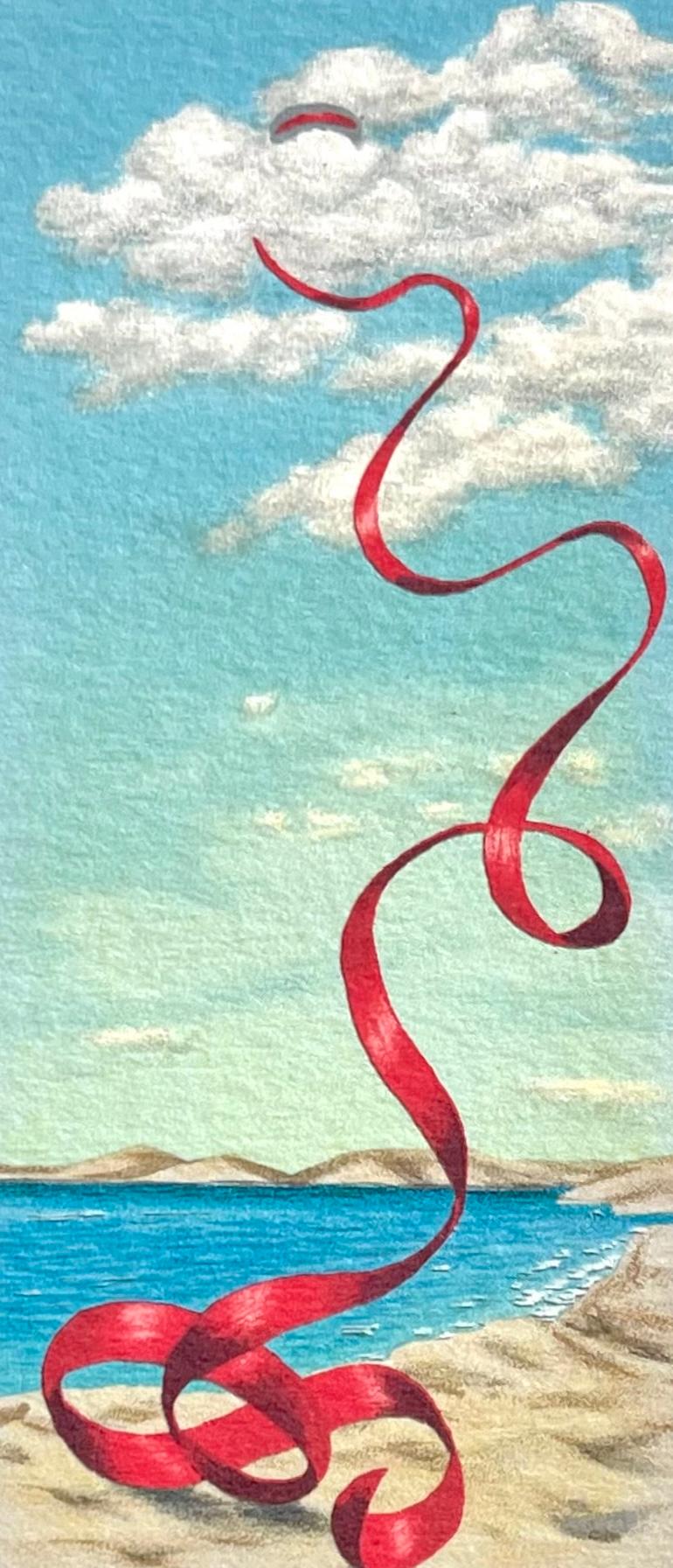 Mini litografia firmata FALLING RIBBON, raso rosso, scena surreale sulla spiaggia - Print Surrealismo di Fanny Brennan