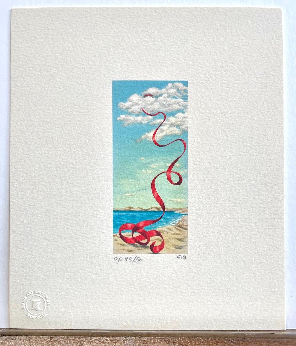 Mini litografia firmata FALLING RIBBON, raso rosso, scena surreale sulla spiaggia in vendita 2