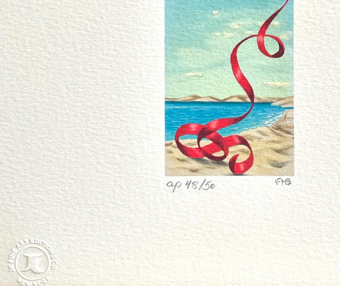 Mini litografia firmata FALLING RIBBON, raso rosso, scena surreale sulla spiaggia - Landscape Print Grigio di Fanny Brennan