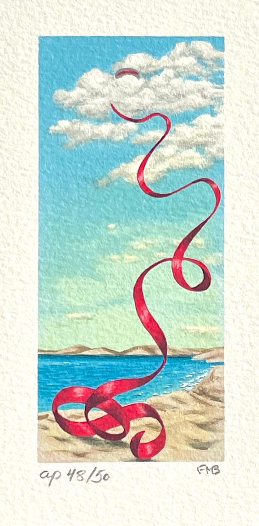 Fanny Brennan Still-Life Print - FALLING RIBBON Signed Mini Lithograph, Red Satin, Surreal Beach Scene