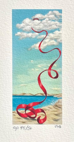Mini litografia firmata FALLING RIBBON, raso rosso, scena surreale sulla spiaggia