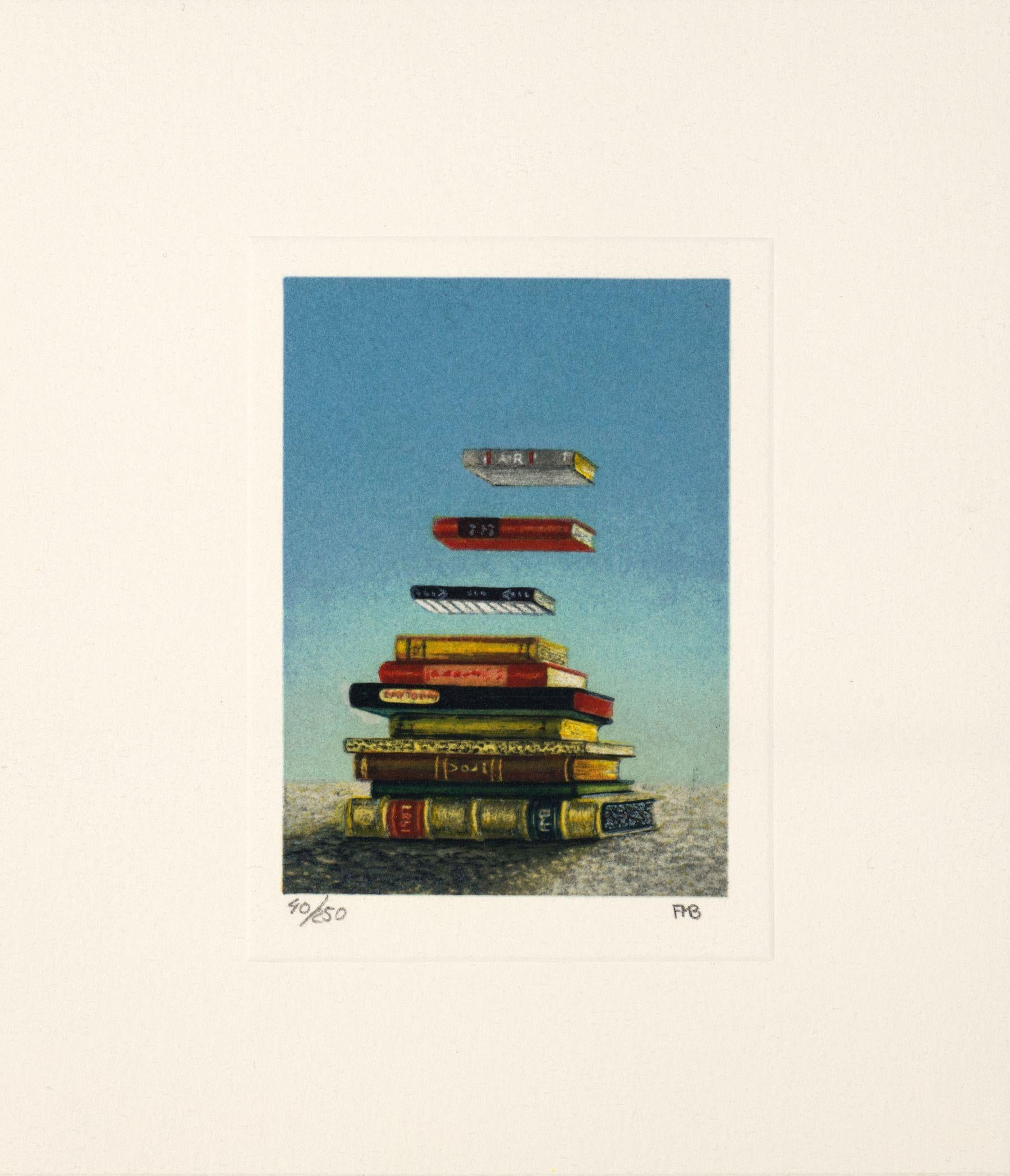 Fanny Brennan Figurative Print – Schwimmende Bücher 