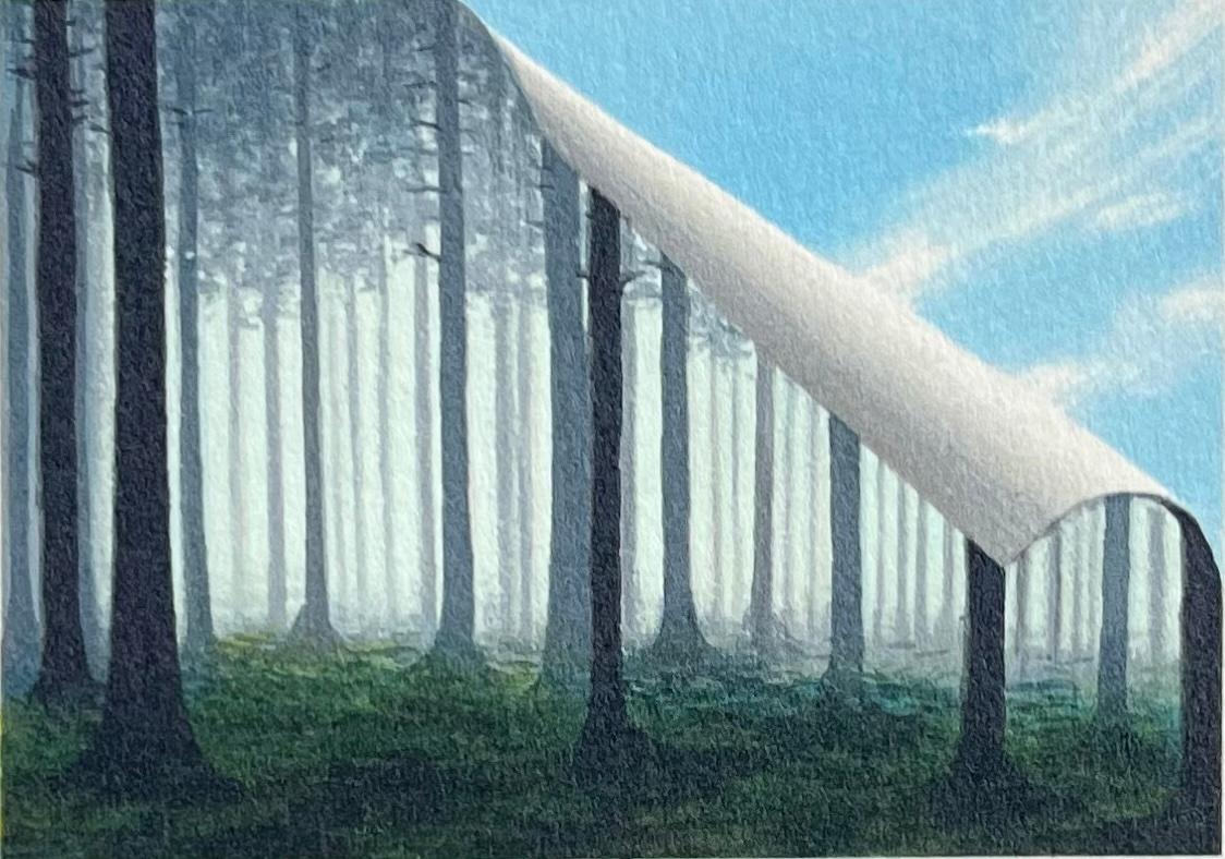 FOREST Litografia firmata e disegnata a mano, Mini Paesaggio surreale Alberi nebbiosi Cielo blu - Print Surrealismo di Fanny Brennan