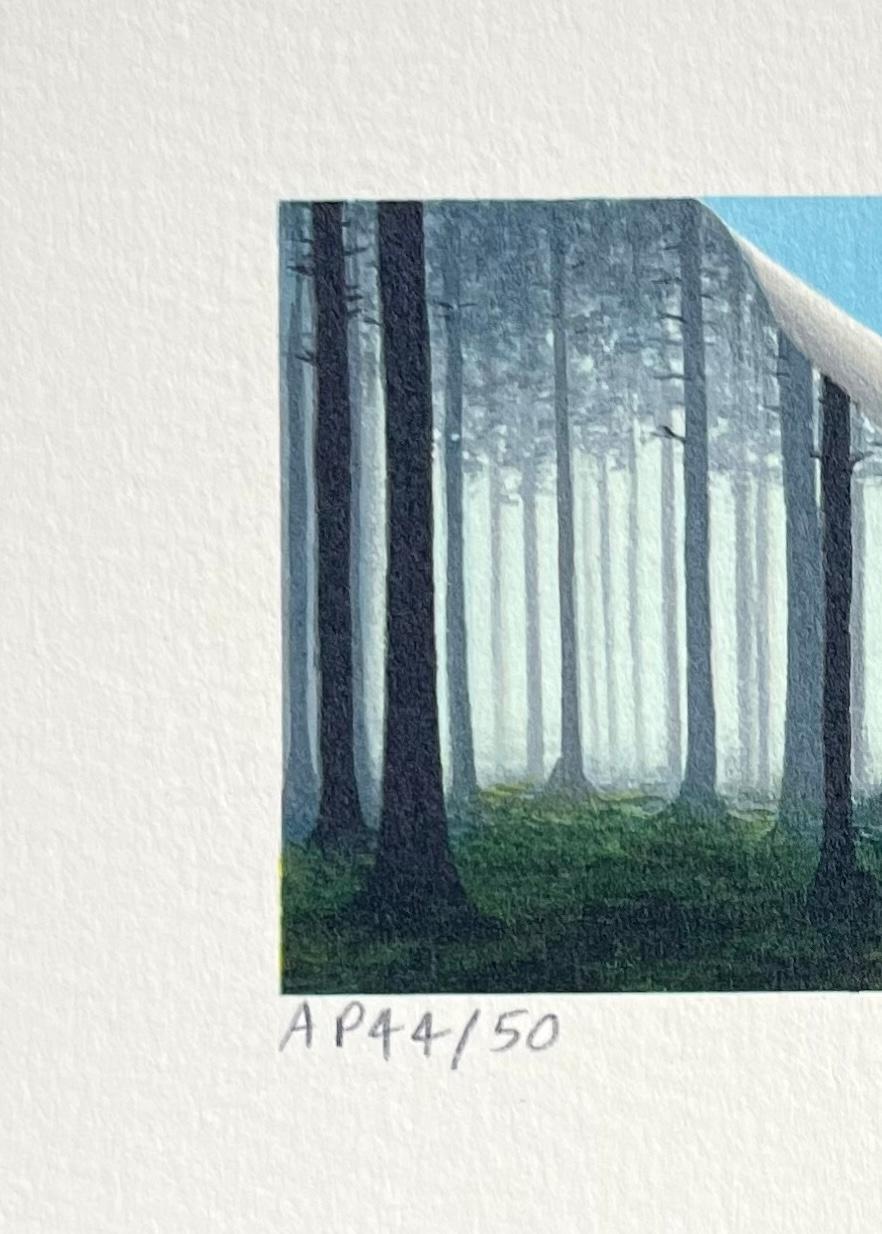 FOREST Litografia firmata e disegnata a mano, Mini Paesaggio surreale Alberi nebbiosi Cielo blu - Landscape Print Blu di Fanny Brennan