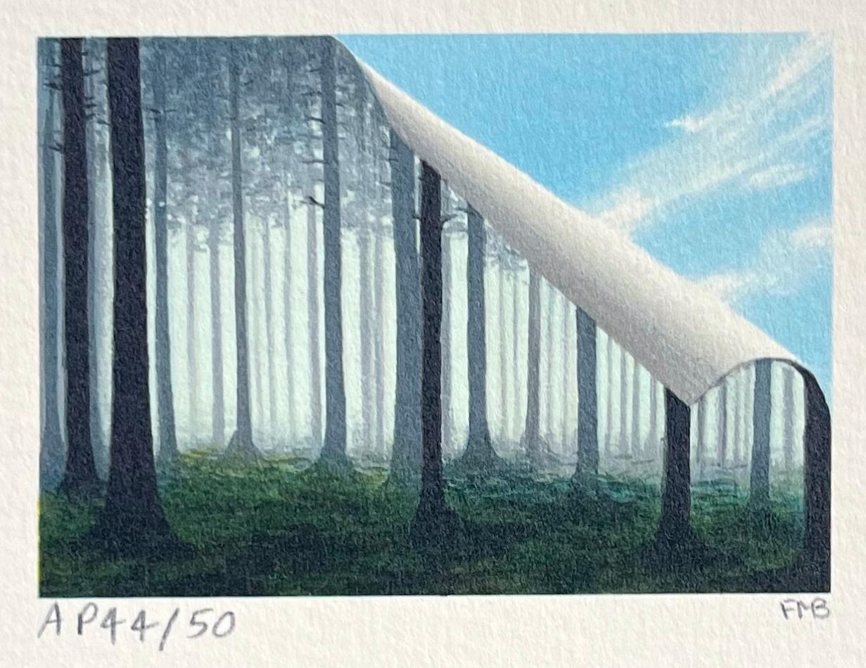 FOREST Hand Drawn Signed Lithograph, Surreal Mini Landscape Misty Trees Blue Sky