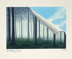 FOREST Hand Drawn Signed Lithograph, Surreal Mini Landscape Misty Trees Blue Sky