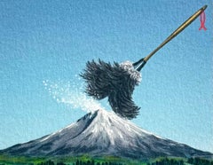 FUJI UNDER SIEGE Litografia firmata, Mini Paesaggio, Montagna innevata, Spolverino