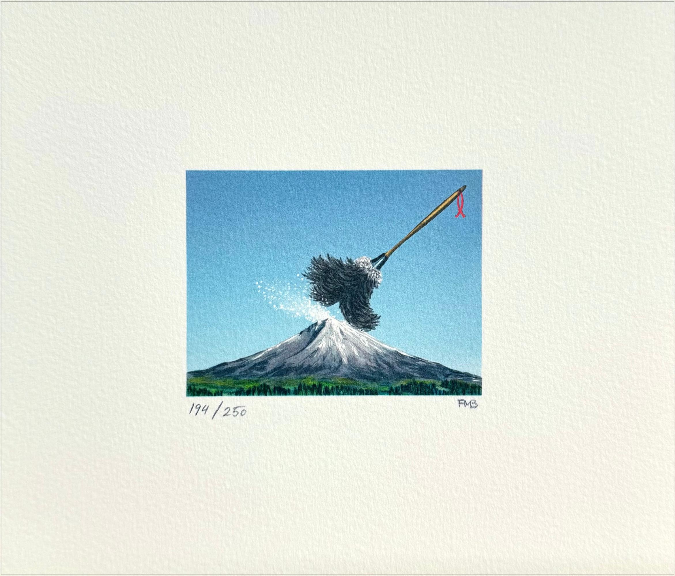 FUJI UNDER SIEGE Signed Lithograph, Mini Landscape, Snow Capped Mountain, Duster - Surrealist Print by Fanny Brennan